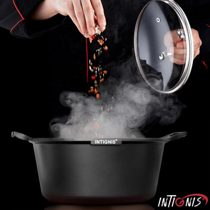 INTIGNIS® Braadpan met Deksel – 28 cm – GREBLON Keramische Antiaanbaklaag – Geschikt voor Inductie, Gas & Elektrisch – Inclusief Glasdeksel