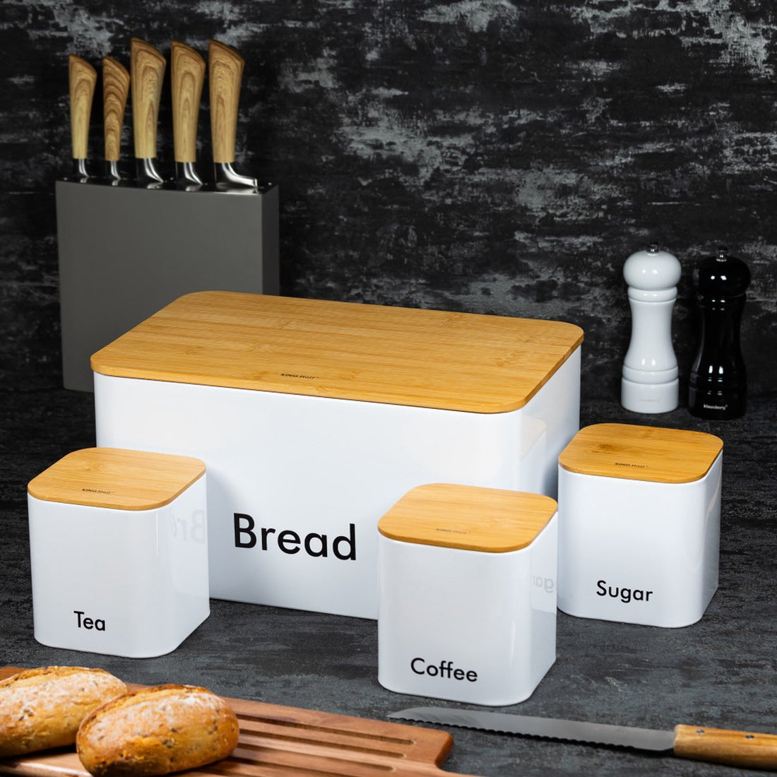 Ensemble boîte à pain - Blanc - Acier inoxydable avec bois - 35 x 23 x 18,5 cm