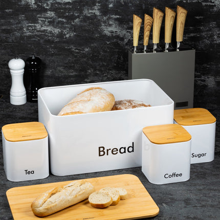 Broodtrommel set - Wit - Rvs met hout - 35x23x18,5 cm