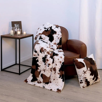 Fleece deken/fleeceplaid wit/bruin koeienprint 130 x 160 cm