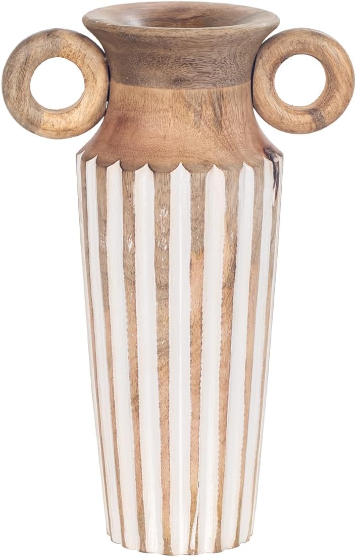Vase en bois brun sculpté blanc - 29 cm