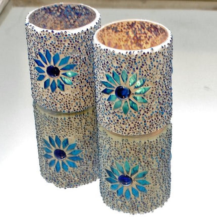 Windlicht Zylinder - Mosaik & Perlen - blau -