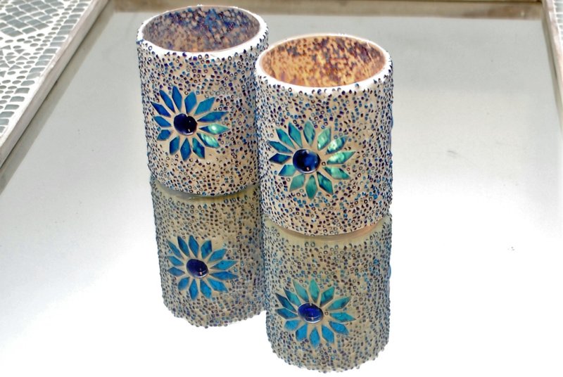 Bougeoir cylindrique - mosaïque & perles - bleu