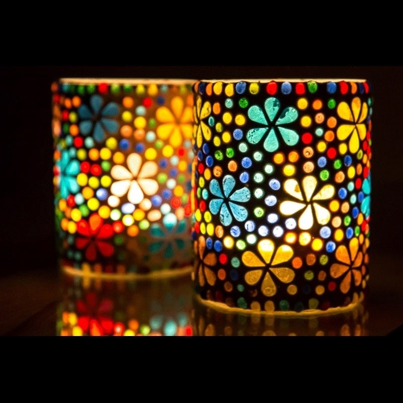 Cylinder tealight holder - multi-colour mosaic - flower design