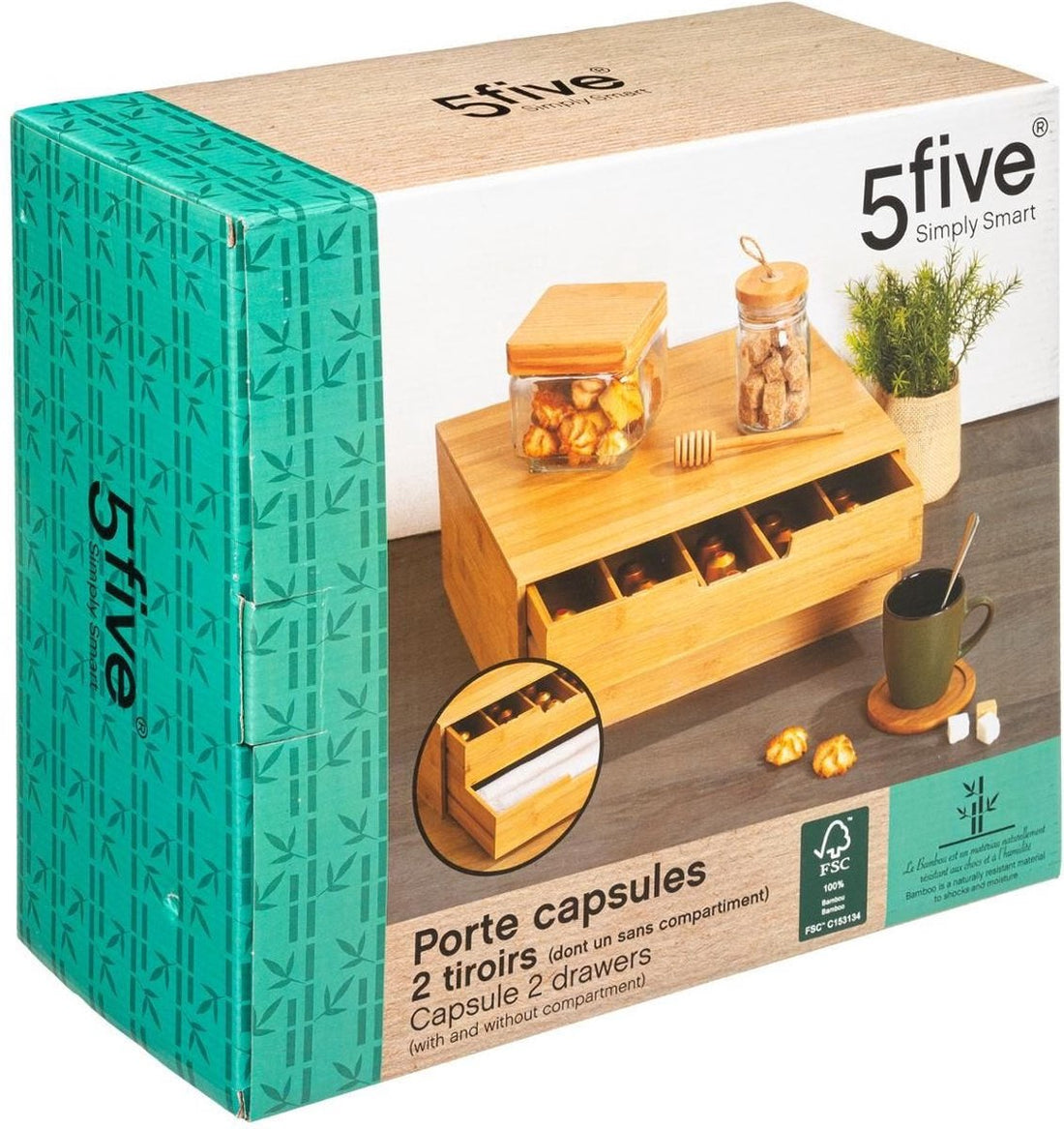 Support à capsules Bambou - 2 Tiroirs - Boîte à thé - Boîte de rangement