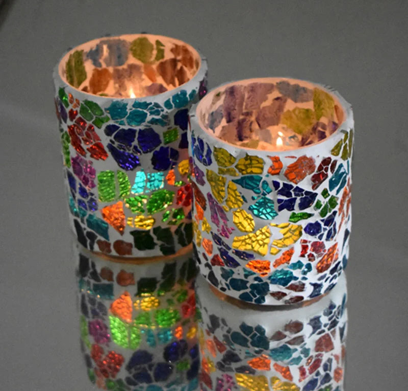Photophore en verre craquelé cylindrique - multicolore - 2 pièces