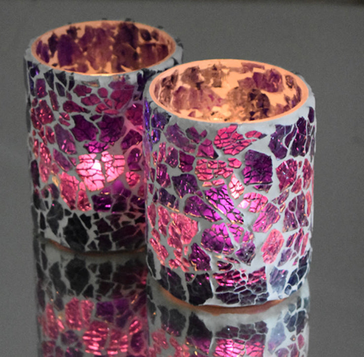 Oriental mosaic crackled glass tea light holder - purple