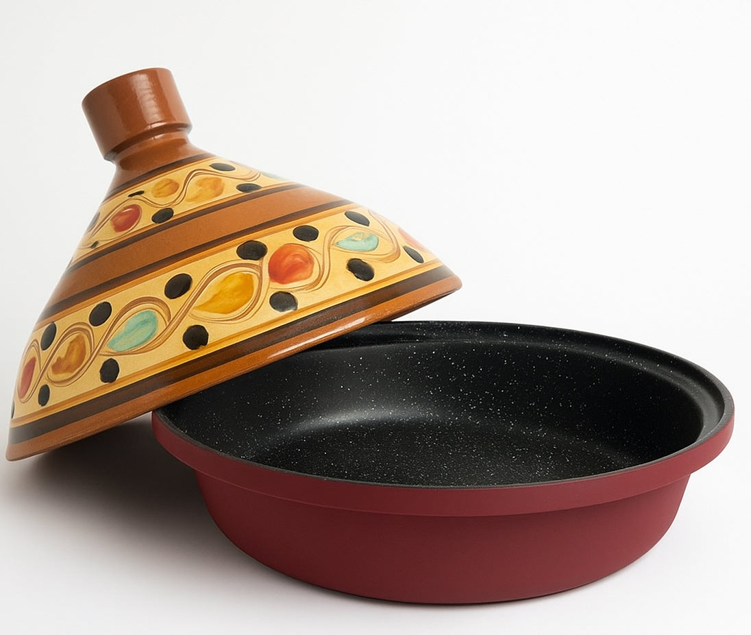 Tajine 30 cm van aardewerk en aluminium – handbeschilderd deksel, rood/bont – foto 6