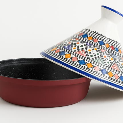 Cuilina Tajine 30 cm – Handgeschilderd Marokkaans Design – Geometrisch Mozaïek – Aluminium & Keramiek