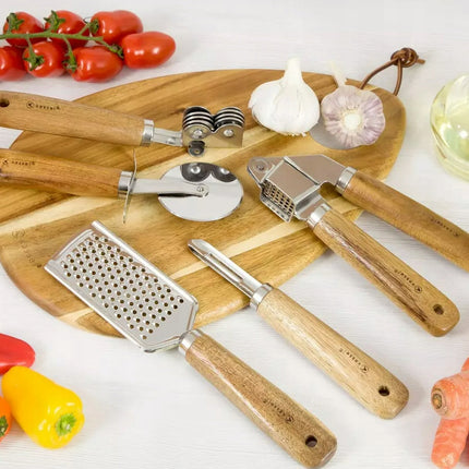 Kassel 5-teiliges Küchenaccessoire-Set, Edelstahl, Akazienholz