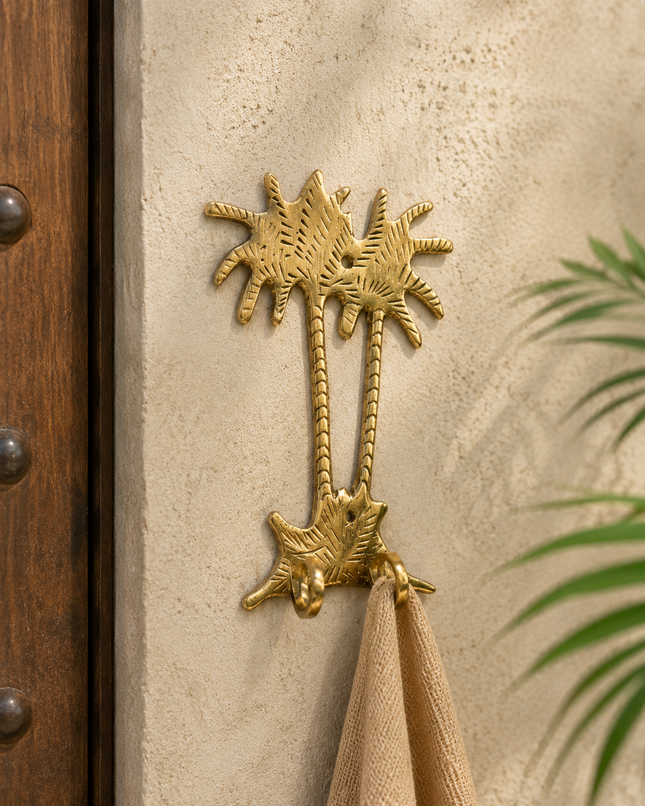 Handgemaakte Palmboom Kapstok met 2 Haken – Messing – Wandhaak – 20 x 11 cm – Marokkaans Design