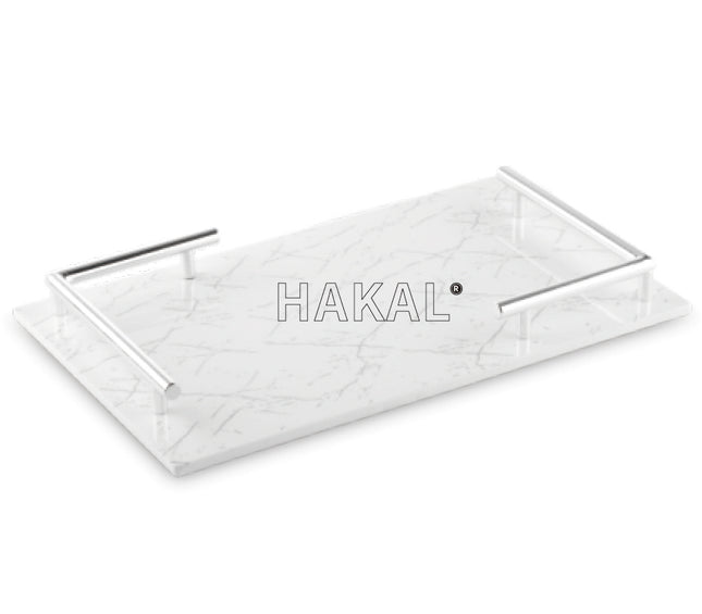 Melamintablett - Serviertablett Marmoroptik weiß silber 40x24cm