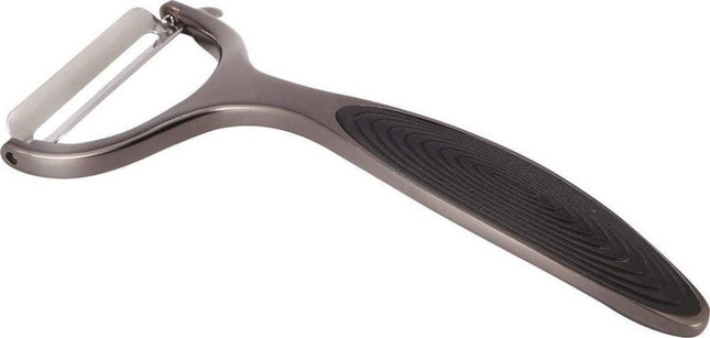 Sparschäler für Obst und Gemüse mit ergonomischem Anti-Rutsch-Griff und Silikoneinsatz.