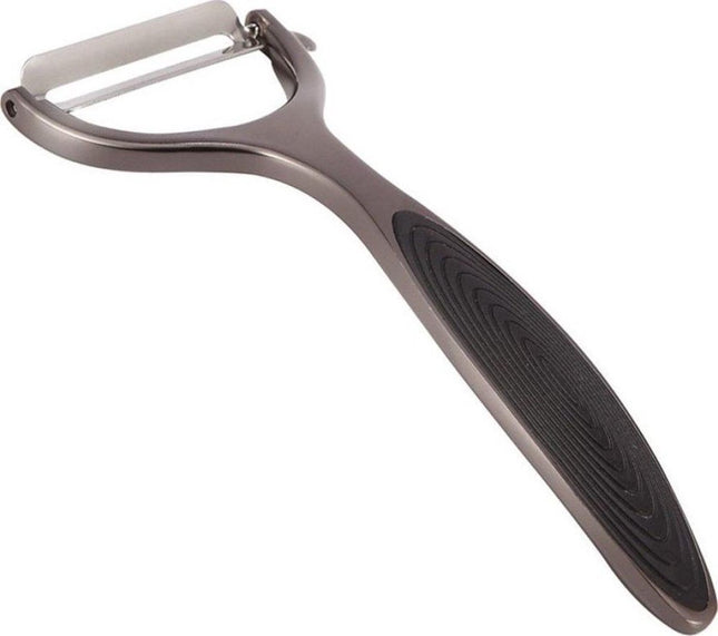 Sparschäler für Obst und Gemüse mit ergonomischem Anti-Rutsch-Griff und Silikoneinsatz.