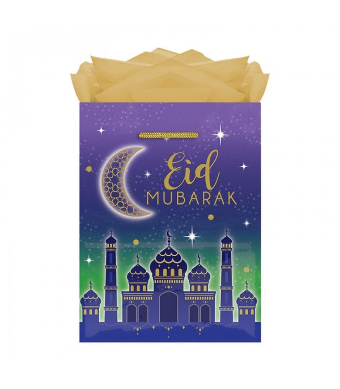 Eid Mubarak cadeautas – papieren tas met moskee, groen en paars