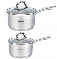 2 x steelpan / sauspan - steelpan met glazen deksel - Ø12 en Ø16 cm - RVS - 0,5 liter en 1,5 liter