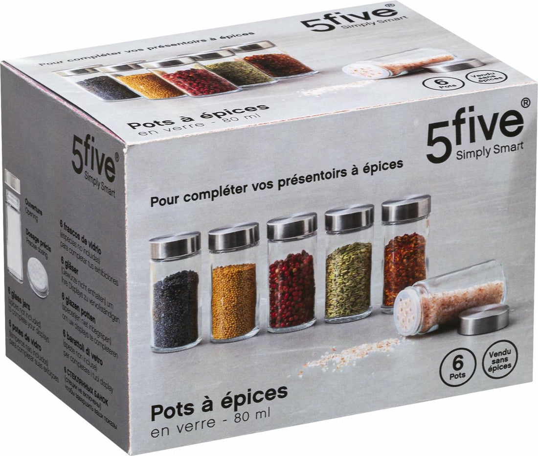 Ensemble de pots à épices - 6 pièces - verre - avec couvercle en inox - hermétique - pot de conservation