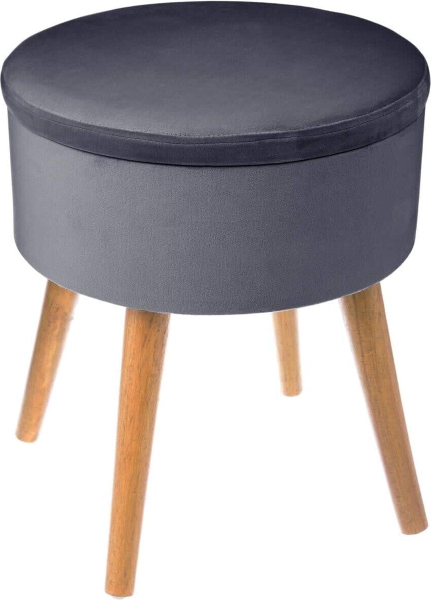 Velvet Stool with Wooden Legs - Grey