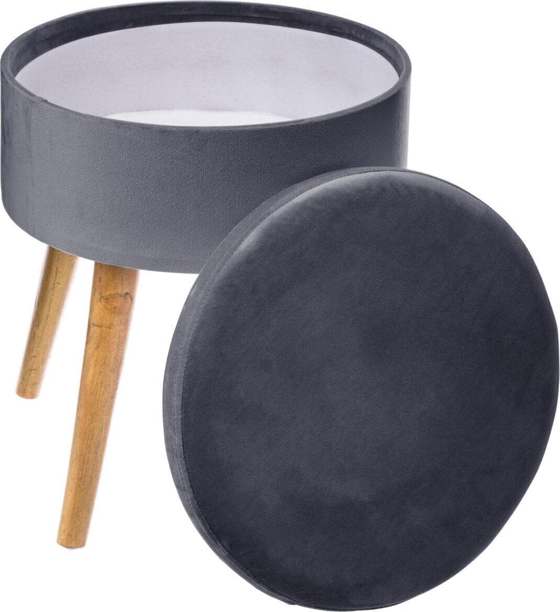 Velvet Stool with Wooden Legs - Grey