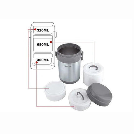 Food Thermos - Roestvrijstalen Lunchbox - 3 Aparte Containers (0,3L + 0,68L + 0,32L) - Dubbelwandig - Warm & Koud Urenlang - 1,5L Totale Capaciteit - Licht & Onbreekbaar