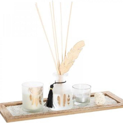 Geursensatie op een leuk plateautje - Parfum diffuser en Geurkaars pakket