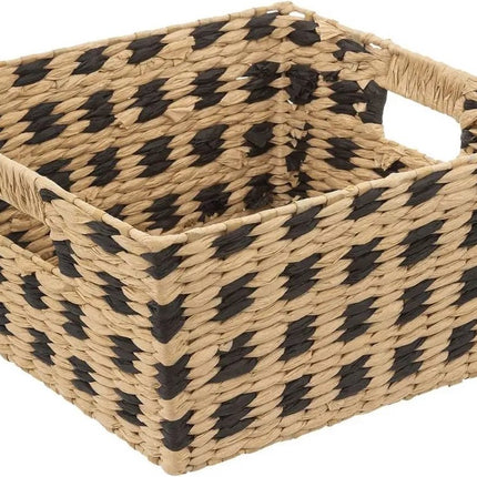 Gevlochten rieten opbergmand vierkant beige/zwart 31 x 31 x 15 cm