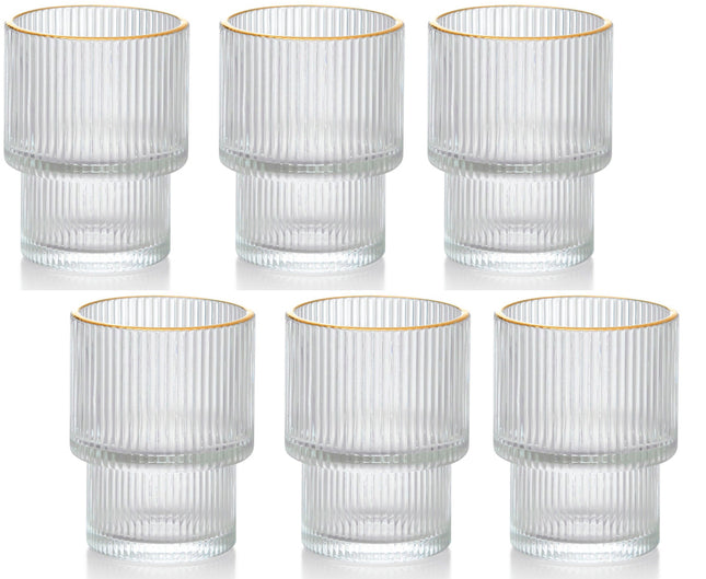 Geribbelde Drinkglas- koffie glas – 185 ml – Set van 6 - Glas - goudkleurige rand