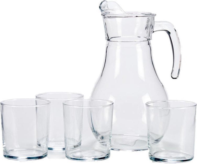 Glazen karaf/schenkkan met deksel 1,8 liter met 4 drinkglazen 400 ml