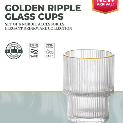 Geripptes Trinkglas – Kaffeeglas – 185 ml – 6er-Set – Glas – goldfarbener Rand