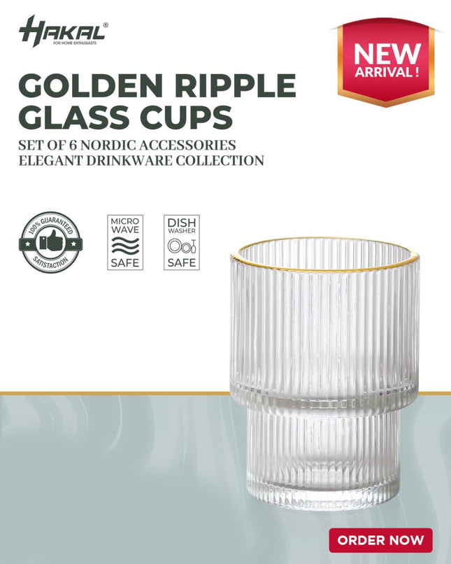Geribbelde Drinkglas- koffie glas – 185 ml – Set van 6 - Glas - goudkleurige rand