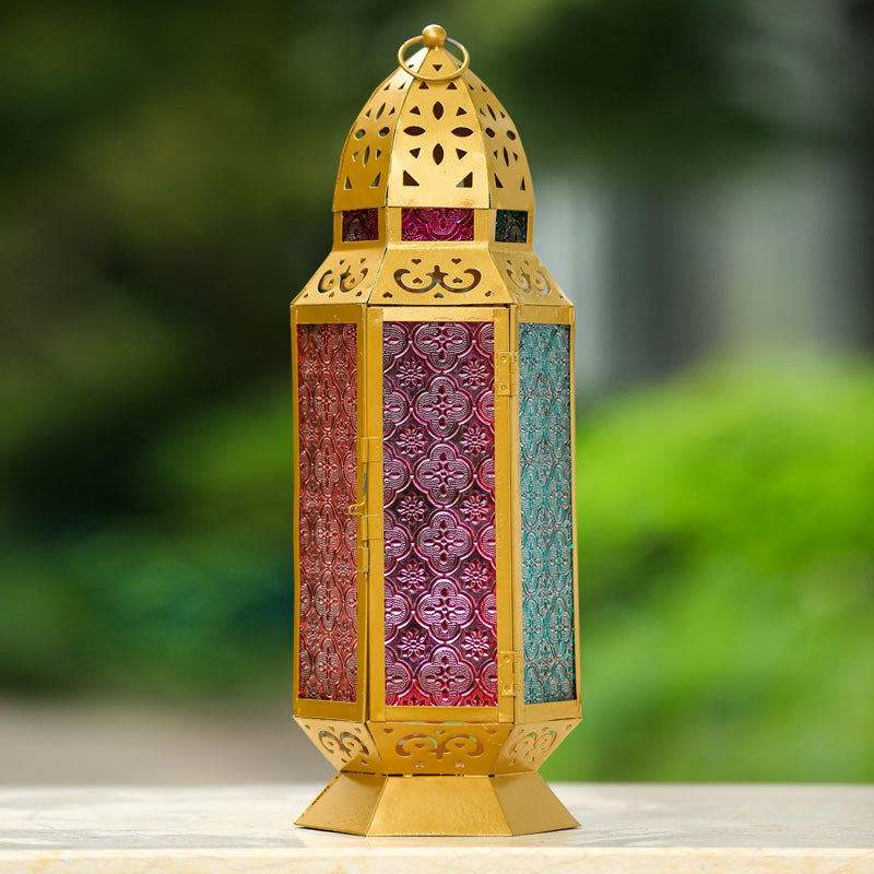 Gold-colored Moroccan metal & glass lantern