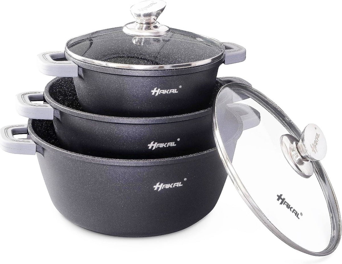 Hakal Premium Pan Set - Cooking Pots & Frying Pan Induction 6-piece - Non-stick coating - stay-cool handles Ø 20, 24 & 28 cm - Black