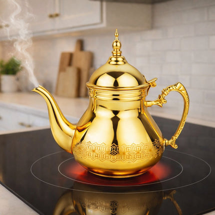 HAKAL Sultana Goldene Marokkanische Teekanne – Arabische Teekanne aus Edelstahl – 0,8 / 1 / 1,5 / 1,8 Liter