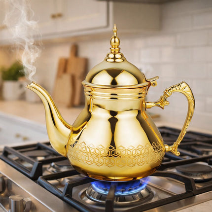 HAKAL Sultana Goldene Marokkanische Teekanne – Arabische Teekanne aus Edelstahl – 0,8 / 1 / 1,5 / 1,8 Liter