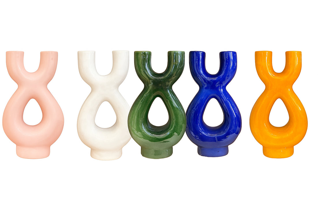Marokkaanse keramiek vaas met dubbele opening – handgemaakt, 36 cm, 5 kleuren