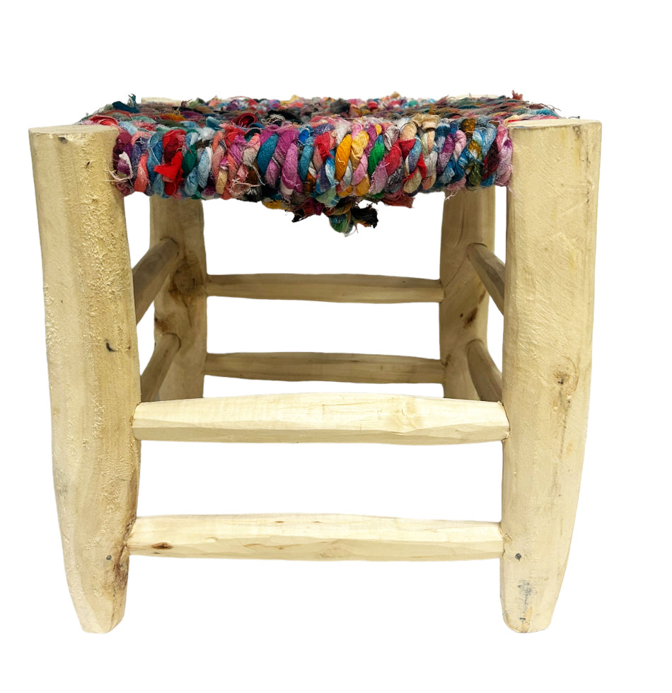Marokkaans krukje van eucalyptushout – multicolor gevlochten zitting, 3 maten – foto 5