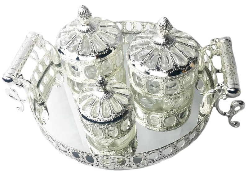 Plateau en verre + 3 sucriers