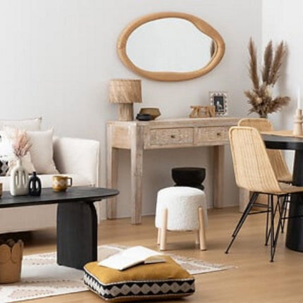 Inuit Weißer Bouclé-Sitzpouf Hocker – Beistelltisch mit Holzbeinen – 41,5 cm – Hocker – Pouf – Kunstfell