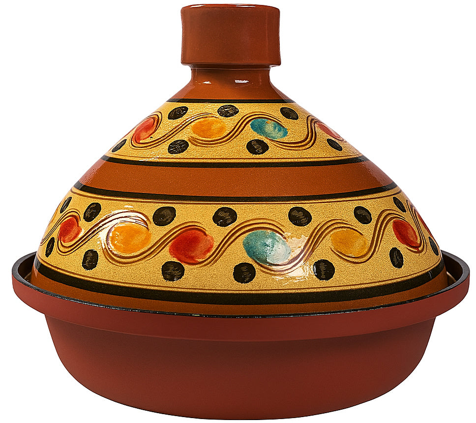 Tajine 30 cm van aardewerk en aluminium – handbeschilderd deksel, rood/bont
