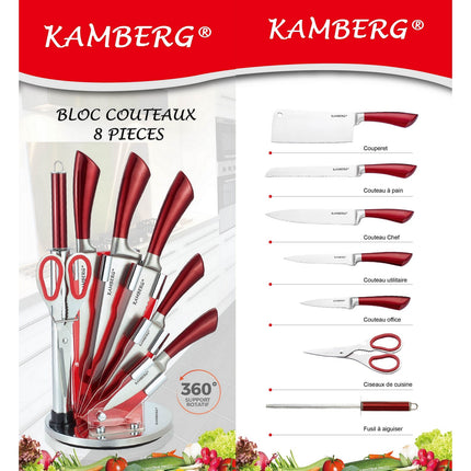 Luxuriöses 8-teiliges Messer-Set inklusive Ständer - Küchenmesser - Rot / Edelstahl - Inkl. Messerschärfer