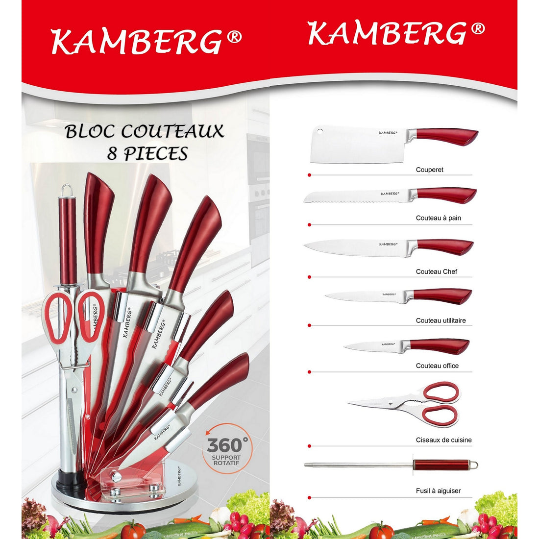 Luxury 8-Piece Knife Set Including Stand - Kitchen Knives - Red / Stainless Steel - Incl. Knife Sharpener