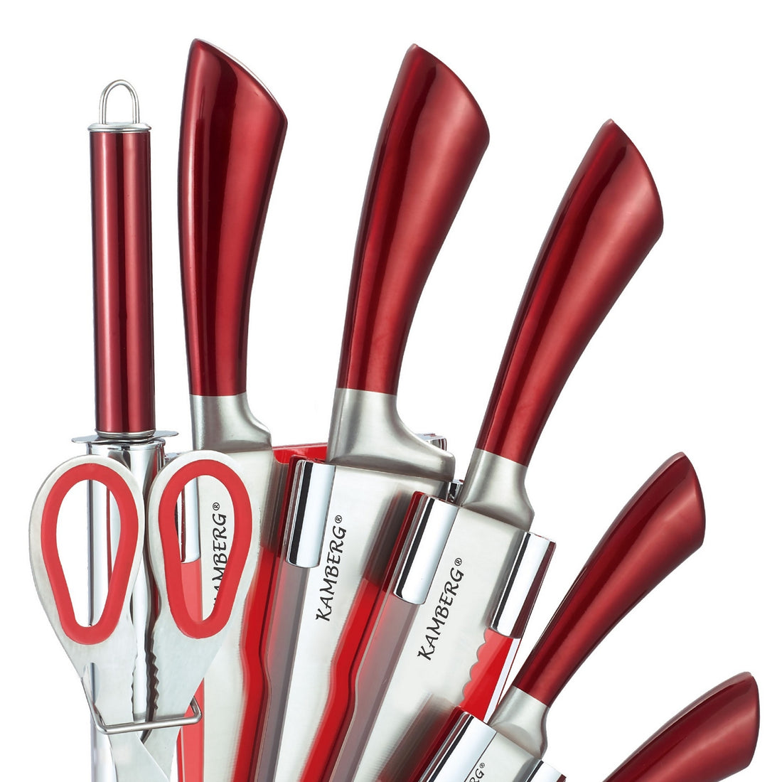 Luxury 8-Piece Knife Set Including Stand - Kitchen Knives - Red / Stainless Steel - Incl. Knife Sharpener