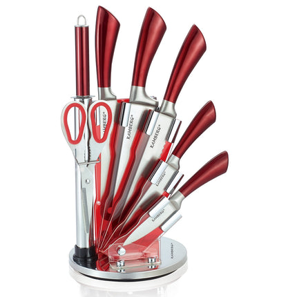 Luxuriöses 8-teiliges Messer-Set inklusive Ständer - Küchenmesser - Rot / Edelstahl - Inkl. Messerschärfer