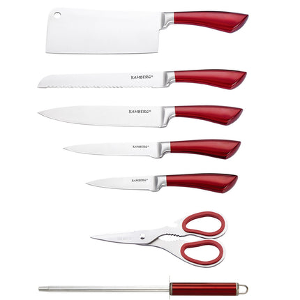Luxuriöses 8-teiliges Messer-Set inklusive Ständer - Küchenmesser - Rot / Edelstahl - Inkl. Messerschärfer