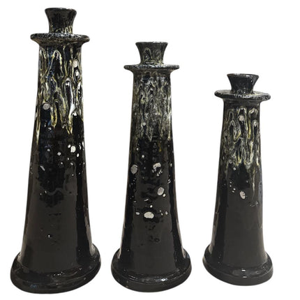 Marokkanischer Kerzenständer Schwarz mit Tropfglasur – Handgemachte Keramik (22/28/32 cm)