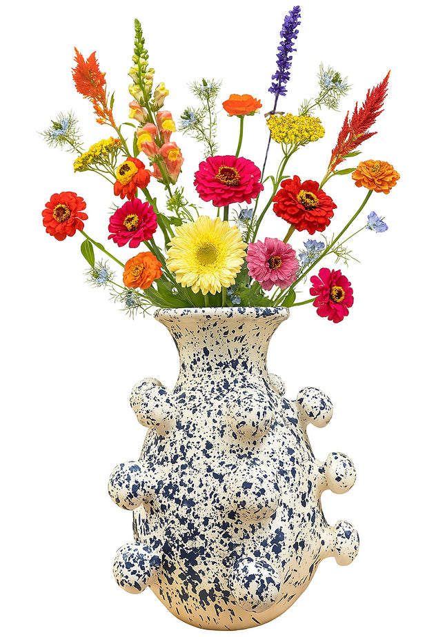 Keramieken bolletjesvaas wit met blauwe spetters – 26 cm