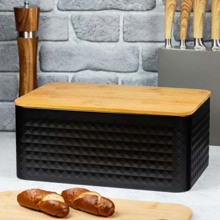 Kinghoff 1713 - Brotbox aus Stahl mit Bambusdeckel - schwarz