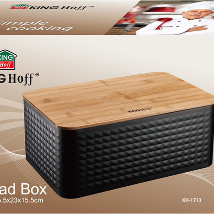 Kinghoff 1713 - Brotbox aus Stahl mit Bambusdeckel - schwarz