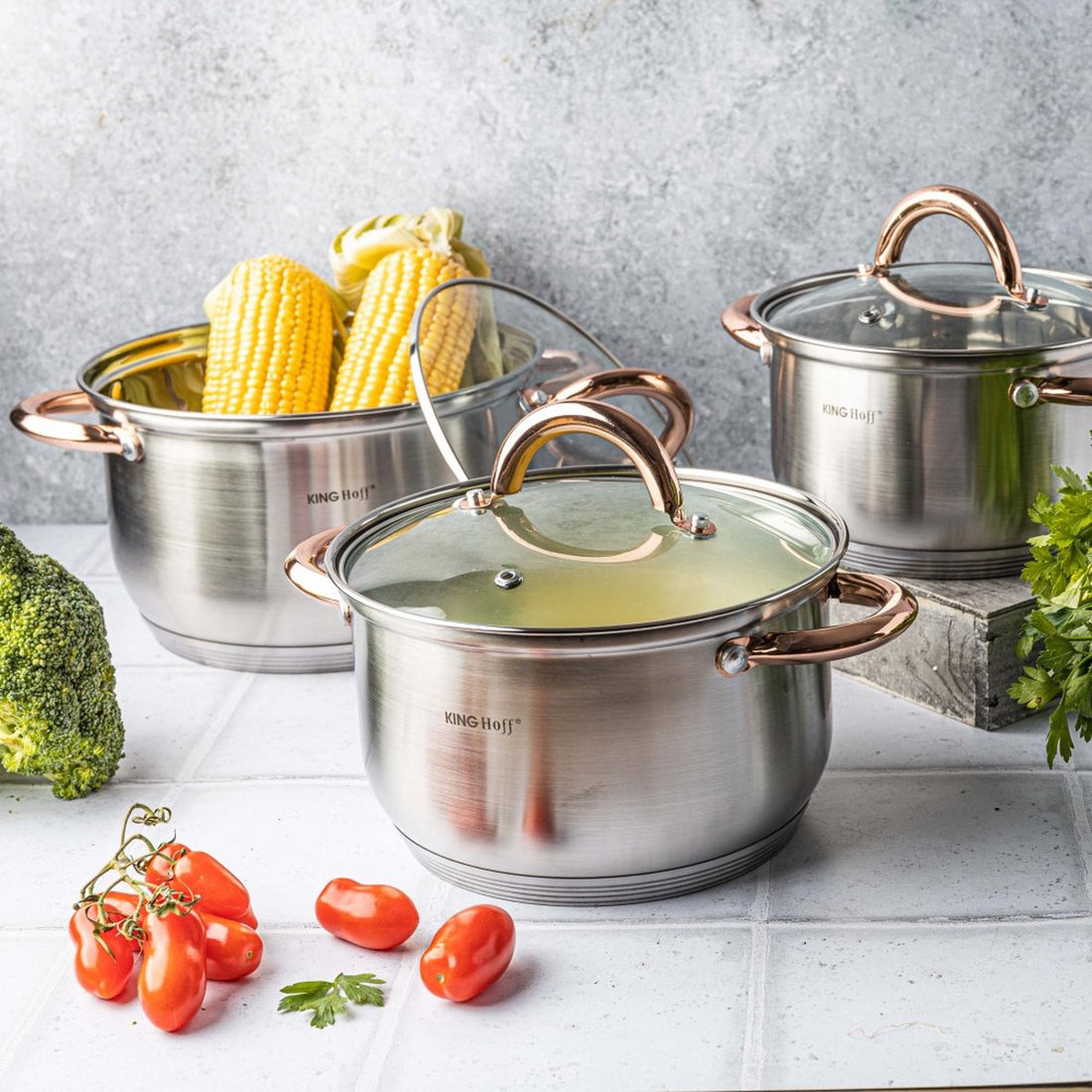 Kinghoff 6-delige pannenset – RVS kookpannen 16, 18 en 20 cm met deksel – foto 4