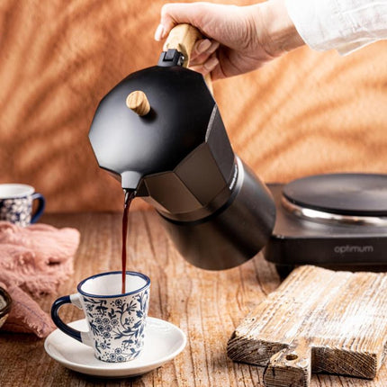 Kinghoff Aluminium Espressokocher KH-1886 – 6 Tassen – Schwarz mit Holzgriff – Induktionsgeeignet – 300ml – Espressokanne